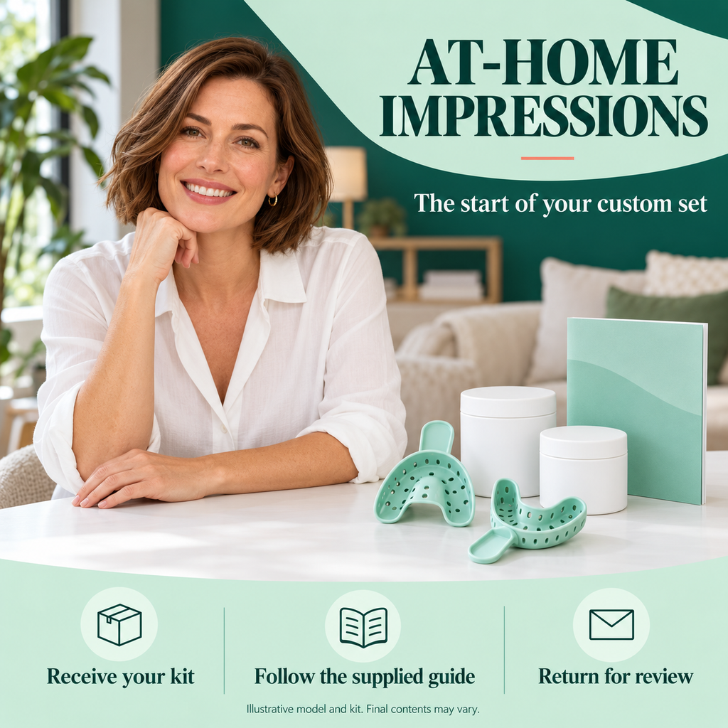 Illustrative model and unbranded at-home impression kit, not a customer testimonial