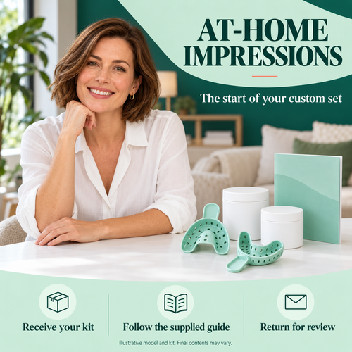 Illustrative model and unbranded at-home impression kit, not a customer testimonial