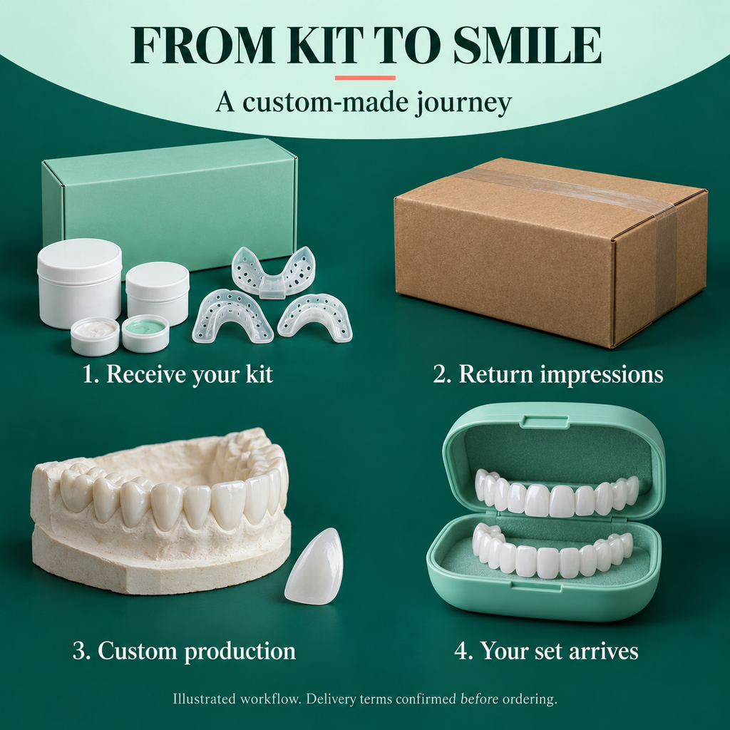 Illustrated custom veneer journey: receive kit, return impressions, production and delivery