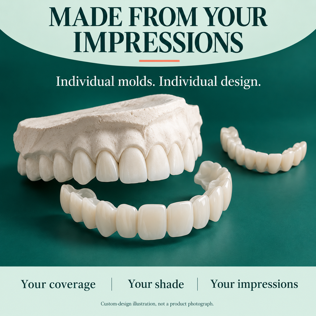 Original concept illustration of removable veneer shells and an individual dental cast